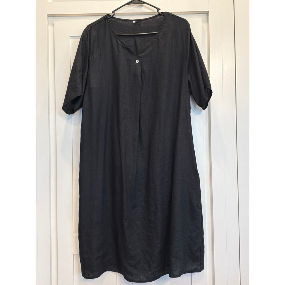 100% Linen Black shift dress, short sleeves LG